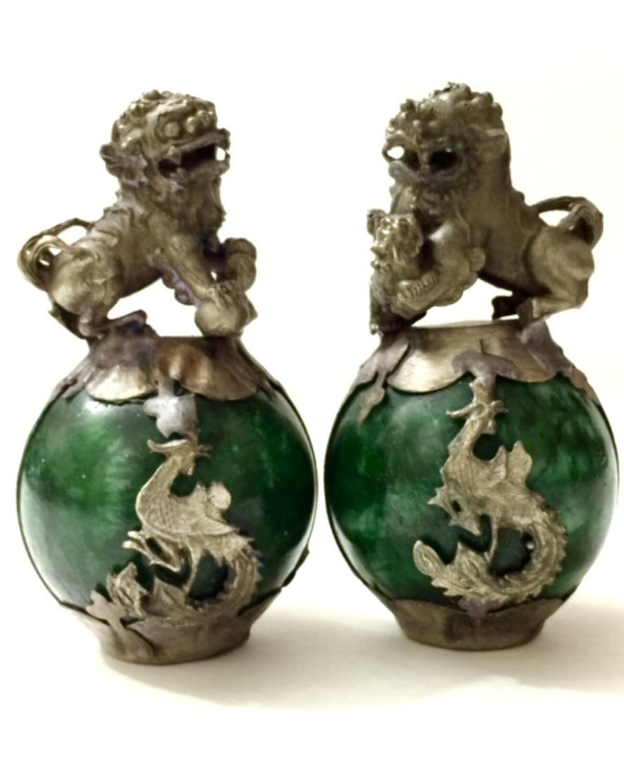 Pair of Chinese Handmade Jade/Tibetan Silver Foo Dogs: Awesome Pair / These Look Old but We Do Not Know How Old
