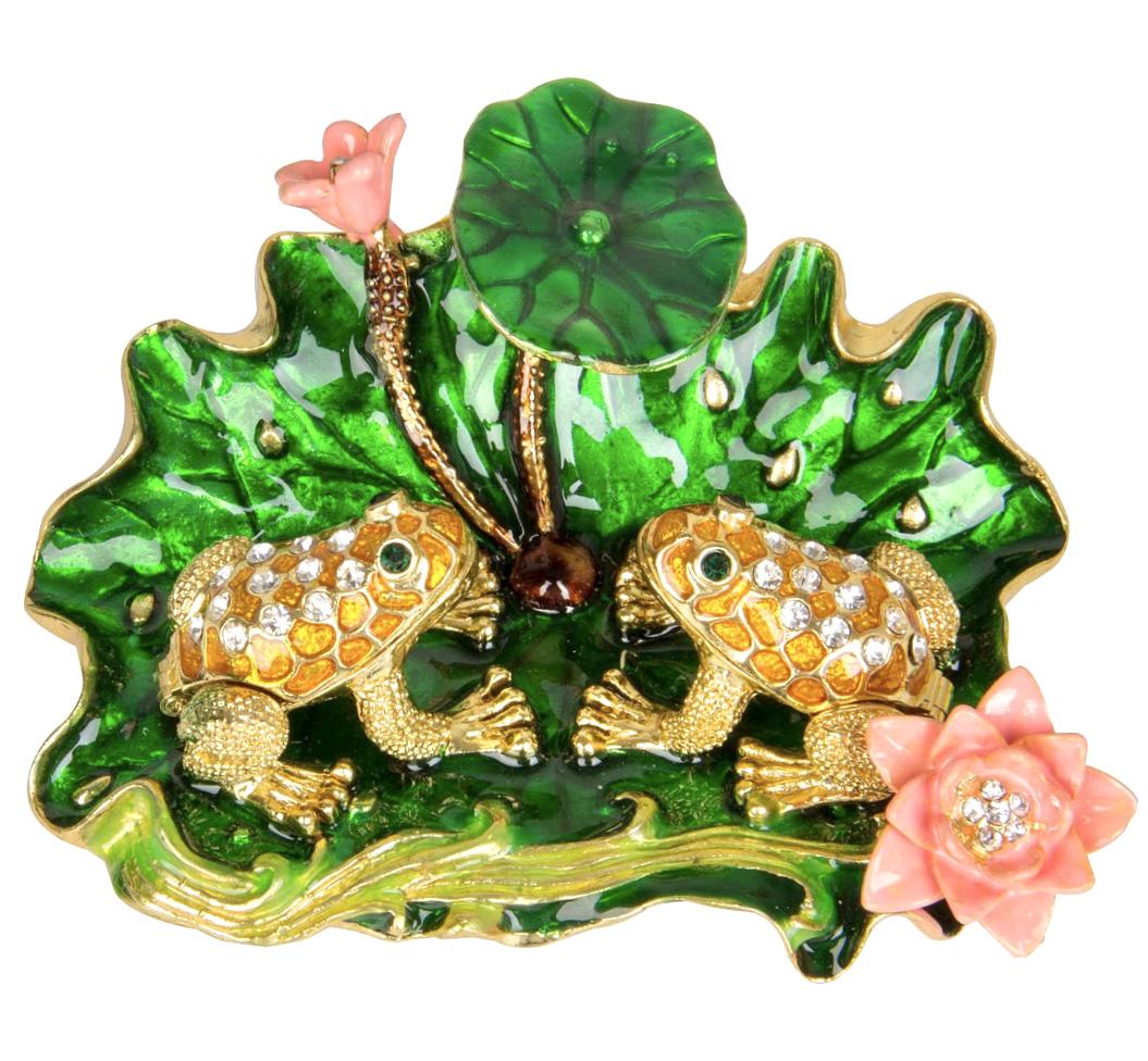 Enameled & Studded Lilly Pad Love Frogs Trinket Box: Gorgeous Piece â€“ Multiple Photos Posted
