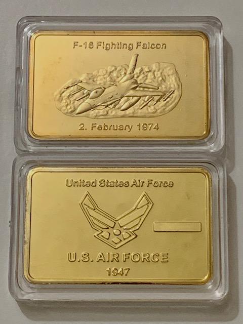 U.S. Airforce F-16 Fighting Falcon 1oz Gold Clad Bar: 1oz Gold Clad Bullion/Ingot Bar / Encapsulated / NOT GOLD / Gold Clad/Plated / Sold as a Novelty AS-IS
