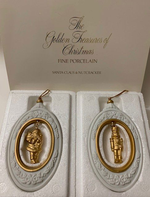 VTG Golden Treasure Fine Porcelain Christmas Ornaments: LOT OF 2 - SANTA CLAUS & NUTCRACKER / These are Gorgeous Ornaments / They are hand painted in Gold and set on Fine Porcelain and they look like they were never hung / Comes with Original Box as Seen i