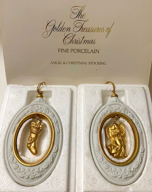 VTG Golden Treasure Fine Porcelain Christmas Ornaments: LOT OF 2 - CHRISTMAS STOCKING & ANGEL / These are Gorgeous Ornaments / They are hand painted in Gold and set on Fine Porcelain and they look like they were never hung / Comes with Original Box as Seen