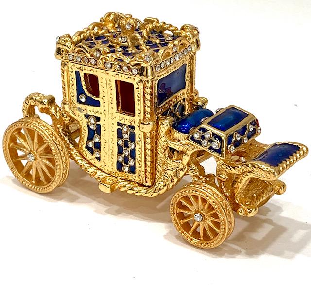 Gorgeous FABERGE Enamel Cinderella Carriage Trinket Box: Beautiful BLUE Studded and Enameled Faberge Inspired Cinderella Carriage Trinket-Jewelry Box that is in Never Displayed Condition â€“ Multiple Photos Posted