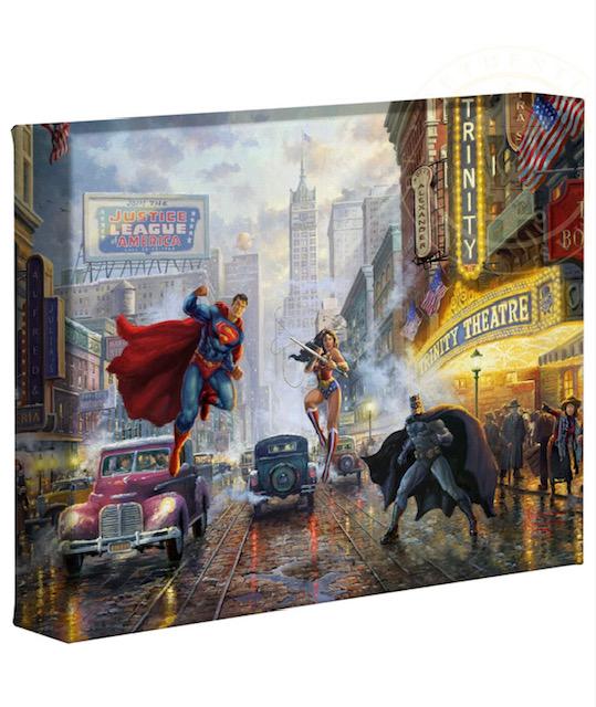 Genuine Thomas Kinkade Justice League Canvas Art w/COA: DC Comics â€“ Superman, Batman & Wonder Woman - Comes Stretched on Wood Frame - Never Hung - Like New with COA from the Studios of Thomas Kinkade - 10 x 8