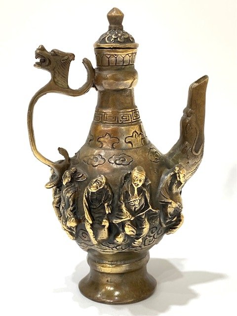Early Chinese Immortals 3 Dimensional Bronze Teapot: Extremely Cool Piece - Please See all Photos