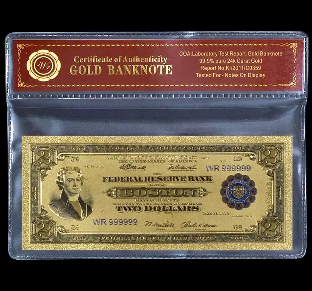 1918 Lab Tested 24k Gold Clad $2 Banknote: Federal Reserve Bank of Boston / Lab Tested for Bank Notes on Display / Not Actual Currency or Period Original / These are Re-Created to Simulate the Originals and are Being Sold as a Collectible Nove