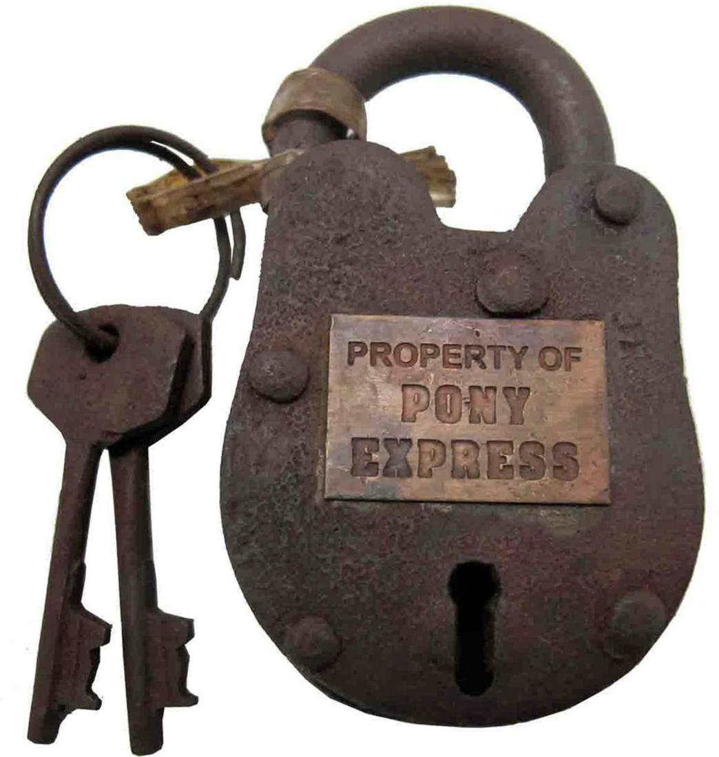 PONY EXPRESS Stagecoach Strong Box Pad Lock with Keys: Great Piece / Original Keys / Functioning / Great Patina / This is not an original / It is being sold as a Collectible Reproduction