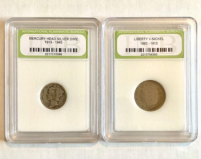 1906 V-Nickel and 1935 Mercury Silver Dime: Slabbed by the International Numismatic Bureau