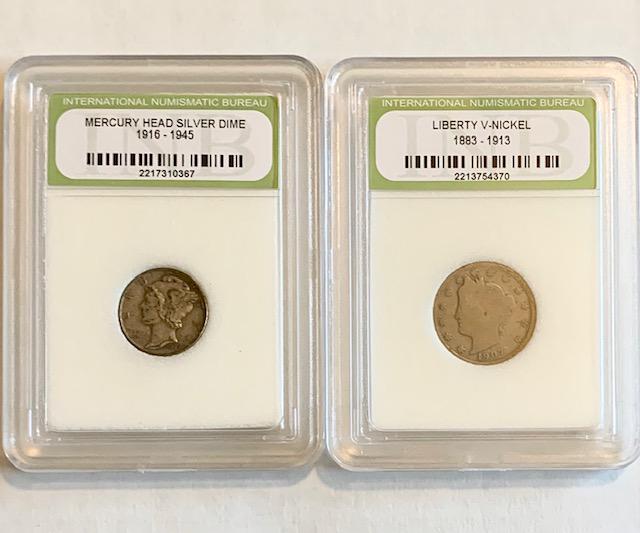 1907 V-Nickel and 1939 Mercury Silver Dime: Slabbed by the International Numismatic Bureau