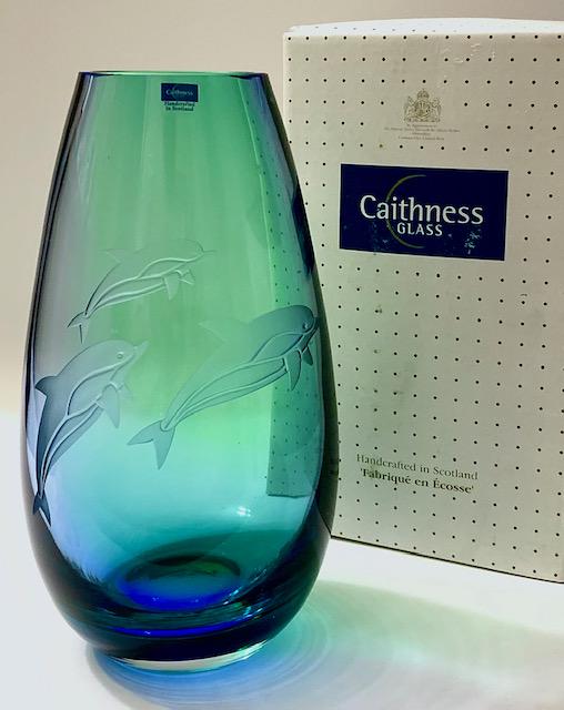 CAITHNESS Etched Breaching Dolphins Art Glass Vase: This is a Rare and truly awesome looking vase featuring a school of breaching Dolphins deep etched in the glass with amazing colors / This Vase does NOT Come with the original box. This is a Stock Pho