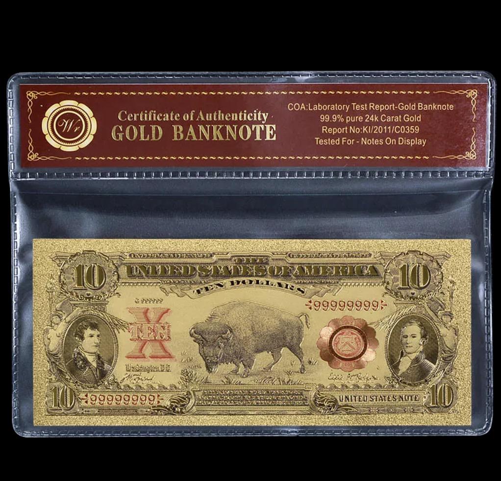 1901 Lab Tested 24k Gold Bison $10 Banknote: Tested for Bank Notes on Display / Lab Tested for Bank Notes on Display / Not Actual Currency or Period Original / These are Re-Created to Simulate the Originals and are Being Sold as a Collectible No