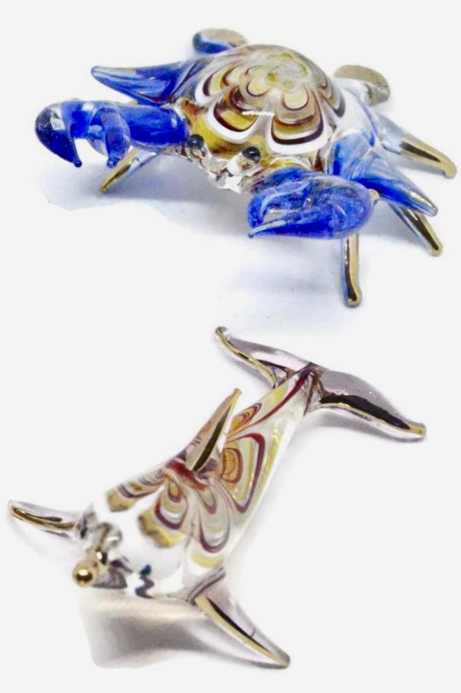 Lot of 2 Murano Multi Color Mini Blown Glass Figurines: Blue Crab and Swirl Dolphin - Perfect Condition - Multiple Photos Posted