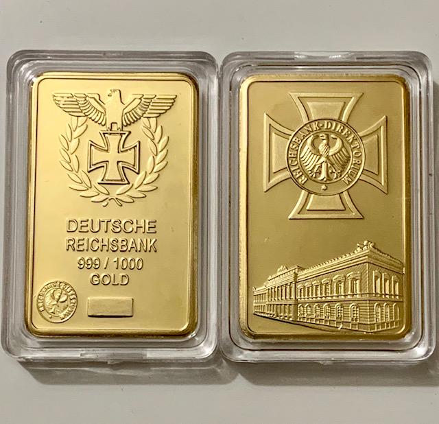 1oz German DEUTSCHE REICHSBANK Gold Clad Bar: Encapsulated â€“ This is a Novelty Gold Plated Bar containing No Precious Metals â€“ This should not be purchased as an investment â€“ It is simply a collectible novelty item