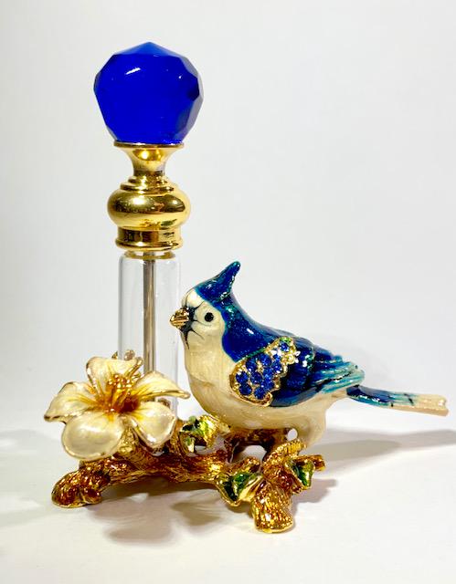 Unique Jeweled &Enameled Art Glass Perfume Bottle: Blue Jay Motif - Jeweled & Enameled - Beautiful Design