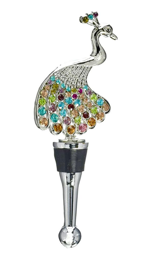 Multi-Colored Inlaid Jewels Peacock Wine Bottle Stopper: Stunning Piece â€“ Like New Condition