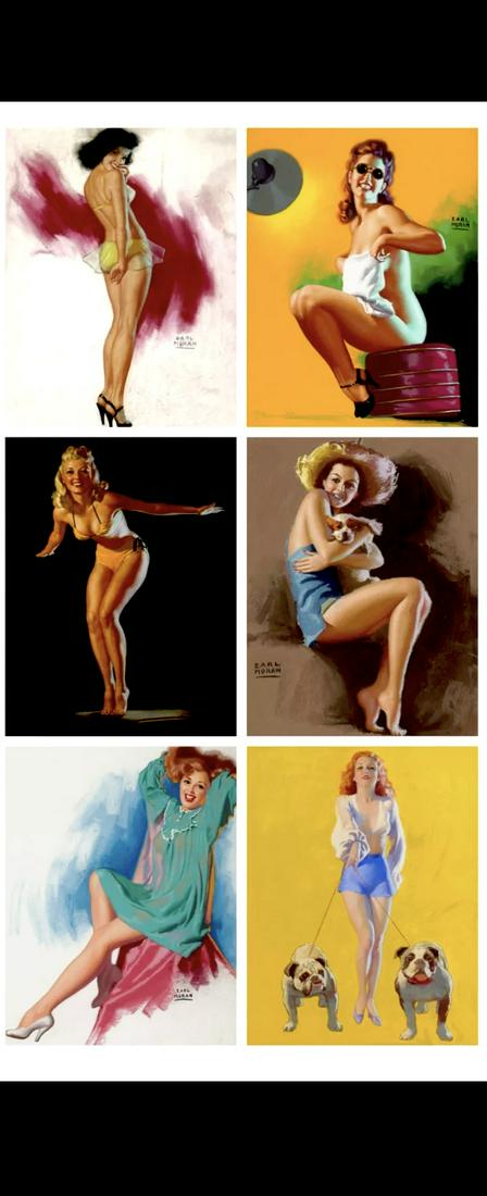 Lot of 6 EARL MORAN Risque Pin Up Girl Lithographs / B: Lot of 6 / 8 x 10 Lithograph Mini Posters by Renowned Pin Up Artist EARL MORAN