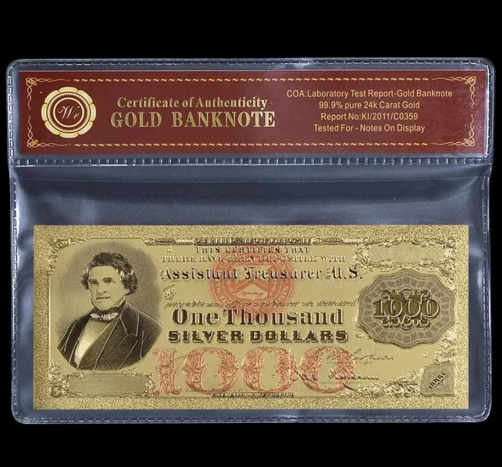 1878 - 24k Gold $1000 Silver Certificate Banknote (1 of 2)