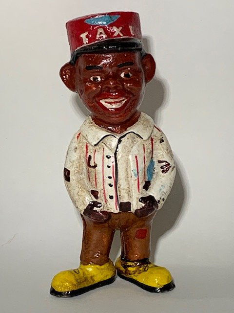 Black Americana Cast Iron TAXI DRIVER Coin Bank: We are Not certain when these were made therefore Sold AS-IS with Regards to Age / We Do Not Support any of the Ideals this Piece Represents