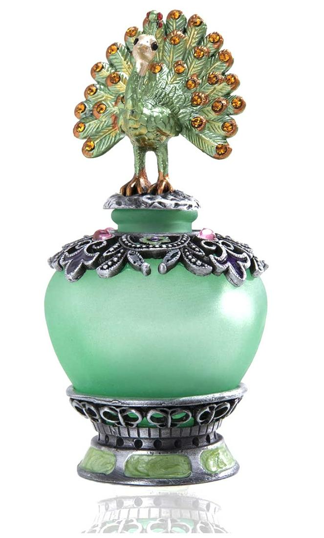 Peacock Top Jeweled Enameled Art Glass Perfume Bottle (1 of 2)