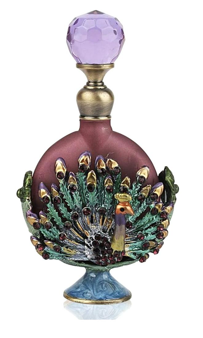 3D Peacock Jeweled Enameled Art Glass Perfume Bottle (1 of 2)