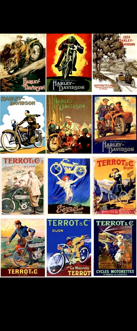 Lot of 12 History of HARLEY-DAVIDSON Postcards/A: 12 Harley Davidson Retro Design Postcards showing a glimpse of the History of Harley Davidson â€“ These are standard size postcards that have never been used and are in beautiful condition