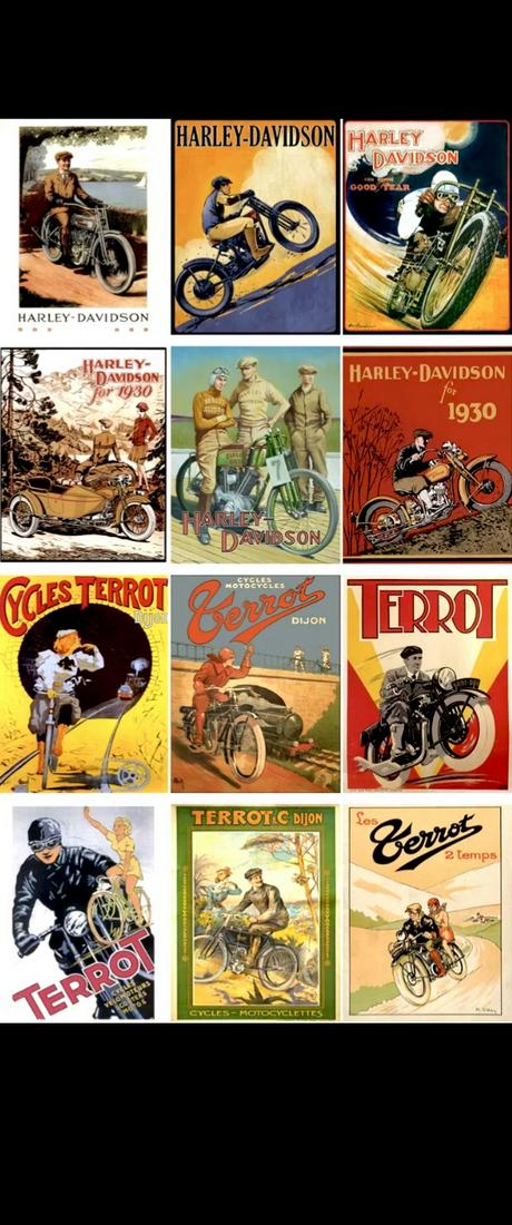 Lot of 12 History of HARLEY-DAVIDSON Postcards/B: 12 Harley Davidson Retro Design Postcards showing a glimpse of the History of Harley Davidson â€“ These are standard size postcards that have never been used and are in beautiful condition