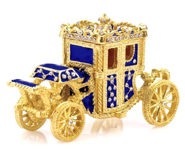 Gorgeous FABERGE Enamel Cinderella Carriage Trinket Box: Beautiful BLUE Studded and Enameled Faberge Inspired Cinderella Carriage Trinket-Jewelry Box â€“ It is in Never Displayed Condition â€“ Multiple Photos Posted