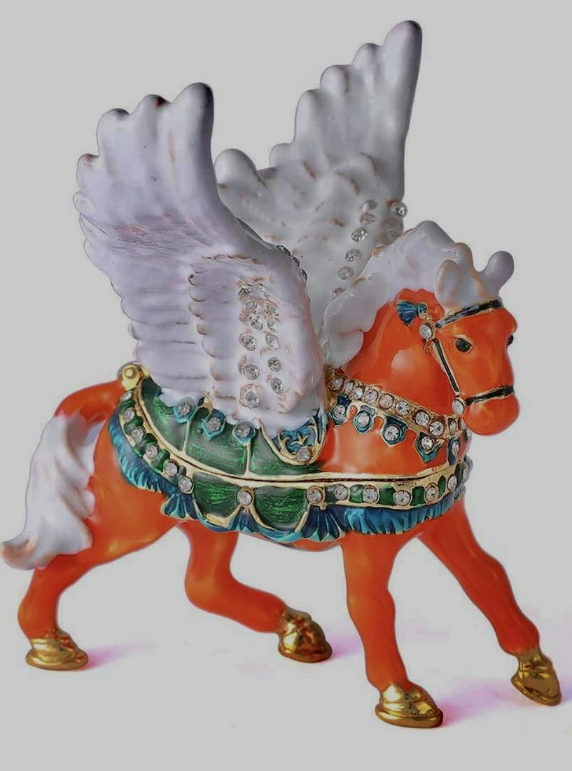 FABERGE Inspired Enameled Flying Pegasus Trinket Box: This is another example of a work of art from St. Petersburgh Russia / It is Fully Enameled and Studded / Photos alone do not do this piece justice / This has Stunning Detail with Amazing Colors / Mul