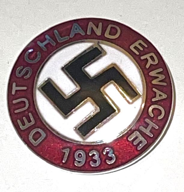 WW2 Nazi German 1933 Deutschland Erwache Enameled Pin: Multiple Photos Posted - This item came from an Estate Sale Liquidation / The Previous Owners Claimed they were Surplus items but We do not know for sure therefore they are being Sold as Reproductions