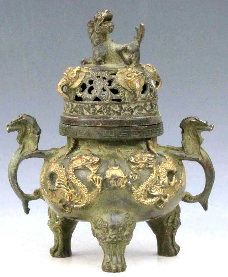 Early Chinese Hallmarked Foo Dog Top Bronze Censor (1 of 4)