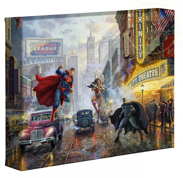Genuine Thomas Kinkade JUSTICE LEAGUE Canvas Art w/COA: DC Comics â€“ Superman, Batman & Wonder Woman - Comes Stretched on Wood Frame - Never Hung - Like New with COA from the Studios of Thomas Kinkade - 10 x 8