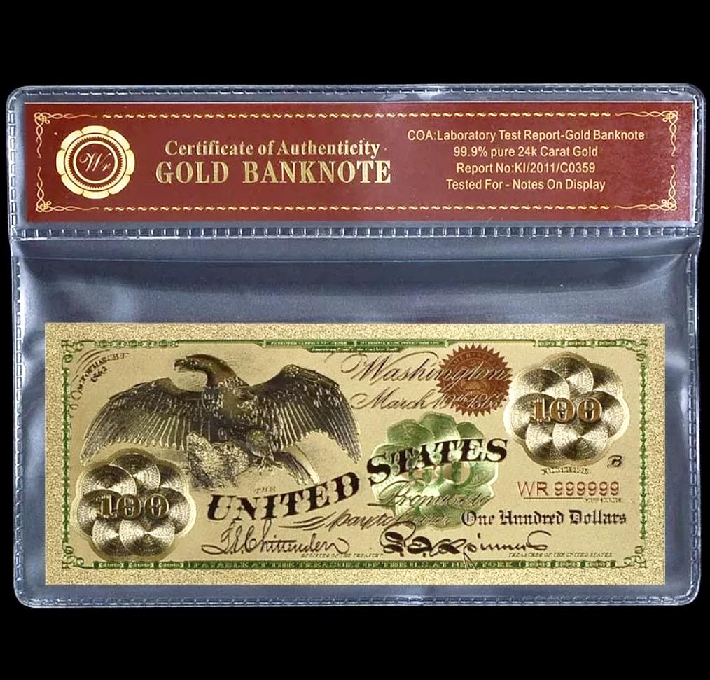 1863 Civil War 24k Gold Clad $100 U.S. Eagle Banknote: Lab Tested for Bank Notes on Display / Not Actual Currency or Period Original / These are Re-Created to Simulate the Originals and are Being Sold as a Collectible Novelty