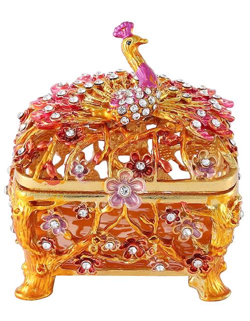 Russian made PEACOCK Studded and Enameled Trinket Box: Amazing Details / Great Colors / Multi-Faceted inlaid Sones / Must See all Photos to Appreciate