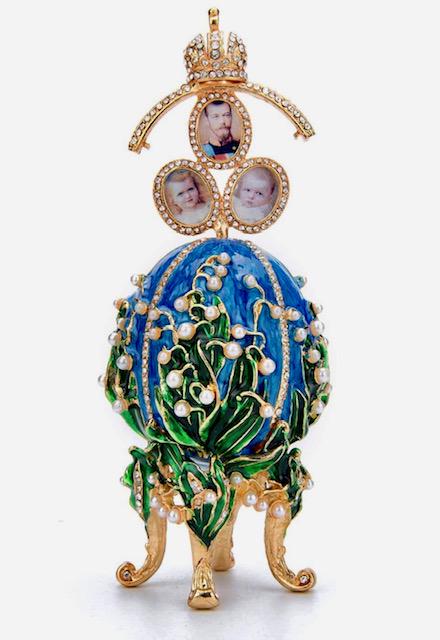 FABERGE Lilies of the Valley Enamel Multi Portrait Egg: Russian Made Lilies of the Valley Enameled & Jeweled Multi Portrait Egg / The Portraits Retract inside the Egg as Seen in Photos / Beautiful Piece / Multiple Photos Posted
