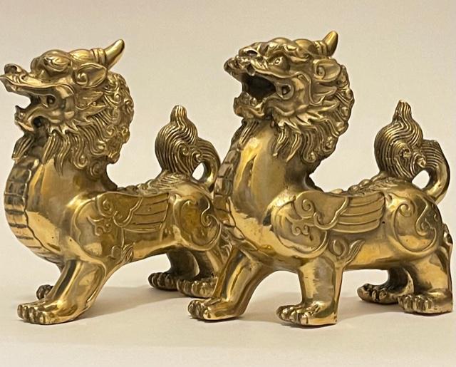 Vintage Pixiu Foo Dog Lion Gilt Brass Temple Guardians: Gold Gilded Brass - Very Ornate - Beautiful Condition - Multiple Photos Posted