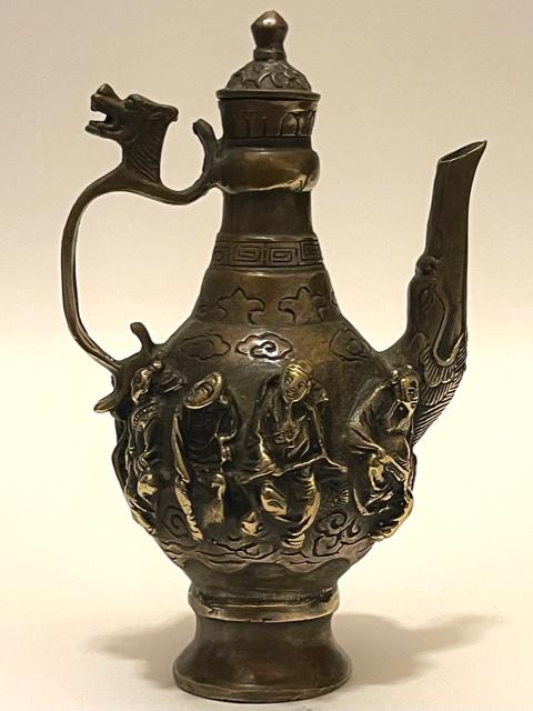 Old Bronze Handmade Hallmarked Chinese Immortals Teapot (1 of 7)