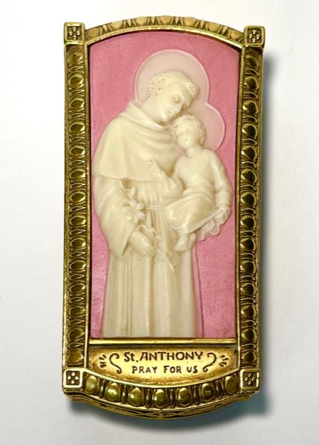 RARE Vatican Library Religious Icon Cameo Prayer Box: Heavy Gold Washed Saint Anthony Rosary Prayer Box / Extremely Rare Piece in Beautiful Condition / Signed on Back The Vatican Library Collection / Cameo Embossed / Very Ornate / Comes with Original Box
