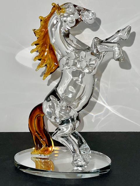DAUM style French Amber-Clear Crystal Bucking Horse: Stands Nearly 9” Tall - This is a Beautiful Hand Made Piece with a Great Color Combination and is Permanently attached to a Fine Crystal Mirrored Base - You will See Photos Both in its Original