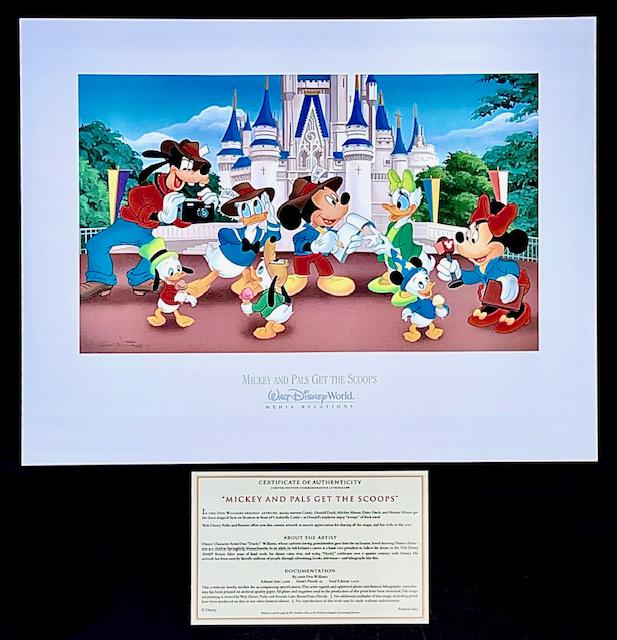 Disney Mickey and Friends Lithograph DON WILLIAMS w/COA: 16 X 20 - Beautiful Lithograph by Don Williams Titled MICKEY AND PALS GET THE SCOOPS â€“ Comes with COA â€“ Note â€“ This Lithograph was in a Frame but was Removed from the Frame for Sh