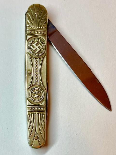 German Nazi Waffen SS w/Swastika Folding Pocket Knife: Ornate Double Sided Imagery - We Do Not Know How Old these are therefore as a Reproduction and Selling AS-IS