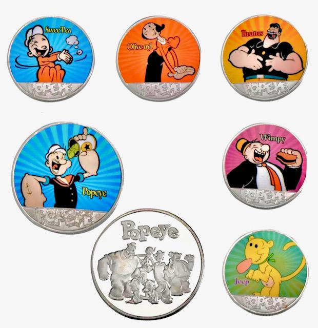 Lot of 6 POPEYE Colorized Clad Silver Collector Coins: Hard to Find â€“ Multiple Photos Posted