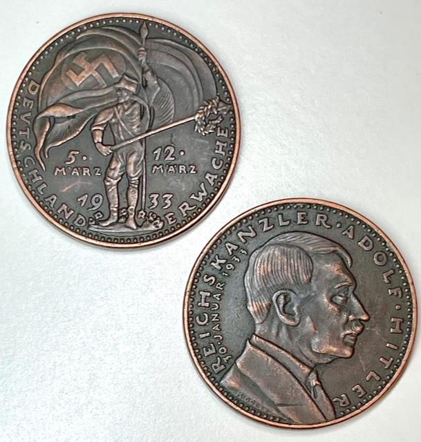 WW2 German 1933 Exonumia Heavy Copper Medallion Token: Very Ornate Double Sided Imagery / We Do Not Know for Sure whether or Not it is a Period Original Piece therefore Sold as a Possible Re-Strike and SOLD AS-IS