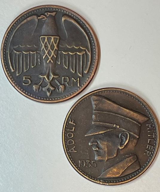 WW2 German 1935 Exonumia Heavy Copper Medallion Token: Very Ornate Double Sided Imagery / We Do Not Know for Sure whether or Not it is a Period Original Piece therefore Sold as a Possible Re-Strike and SOLD AS-IS