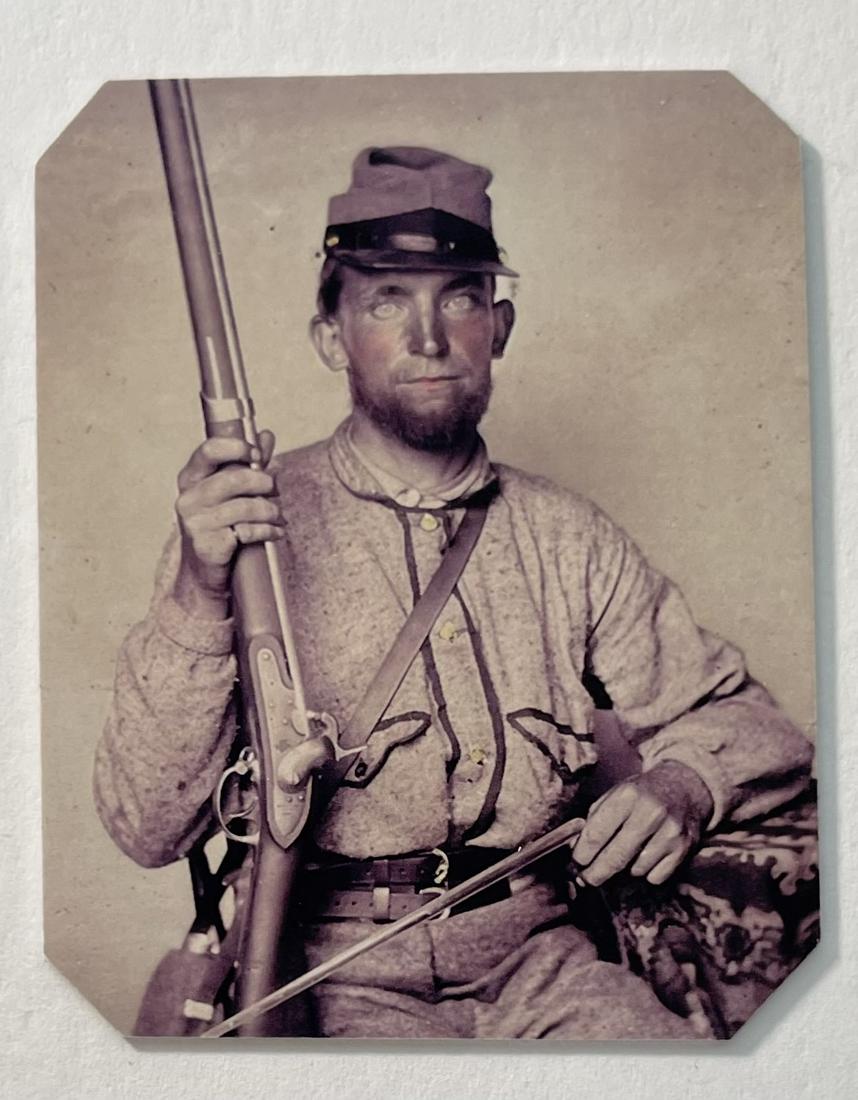 Civil War Tin Type Photo of Soldier Uniform w/Weapons: PLEASE READ Before Bidding - These were Purchased in a High End Estate Sale as Part of a Fairly Large Collection that was in a Binder with 4 Slot Pocket Protectors for Page. The Entire Album Consisted