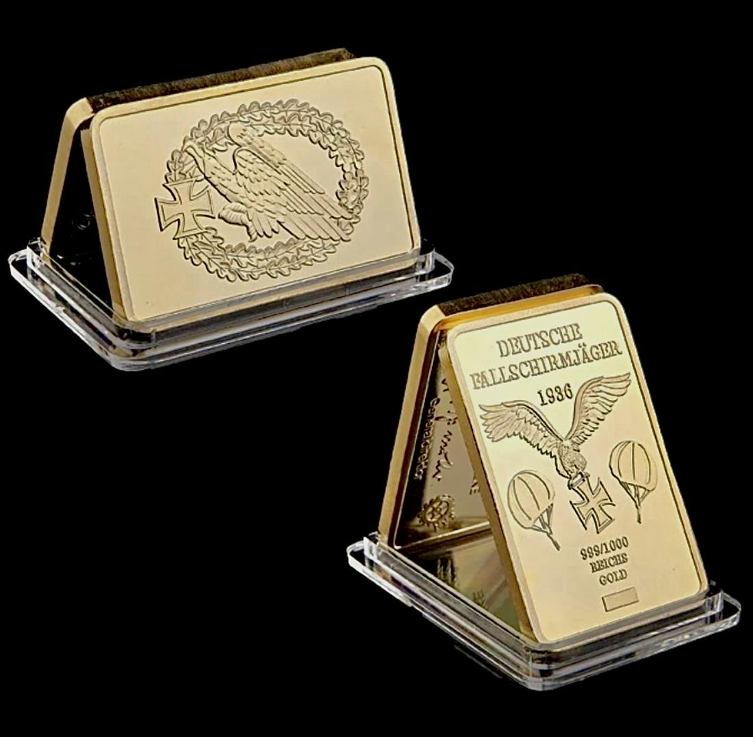 1936 WW2 German Airforce Paratrooper 1oz Gold Clad Bar: 1936 Deutsche Fallschirmjager German Eagle Airforce Paratrooper 1oz Gold Clad Bar - Encapsulated â€“ This is a Novelty Gold Plated Bar containing No Precious Metals â€“ This should not be pu