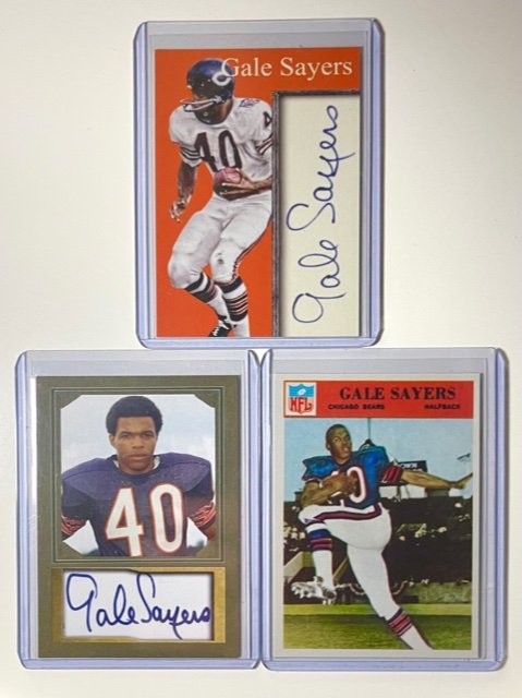 3 GALE SAYERS Custom and RP Rookie Football Cards: Lot of 3 Gale Sayers Custom and RP Reprint Rookie Football Cards / Multiple Photos Posted / The Rookie Card in this Lot is Not an Original / Lot Sold AS-IS