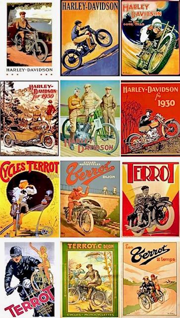 Lot of 12 History of HARLEY-DAVIDSON Postcards/B: 12 Harley Davidson Retro Design Postcards showing a glimpse of the History of Harley Davidson â€“ These are standard size postcards that have never been used and are in beautiful condition