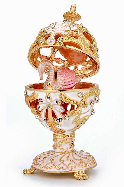 FABERGE Elegant Studded and Enameled Egg w/SWAN Inside: This is a Reticulated Egg Highlighted with Stud Inserts throughout and is Fully Enameled / It is an Unsigned Faberge Inspired Russian Egg that Comes with a Removable Magnetized SWAN Inside / It Looks 