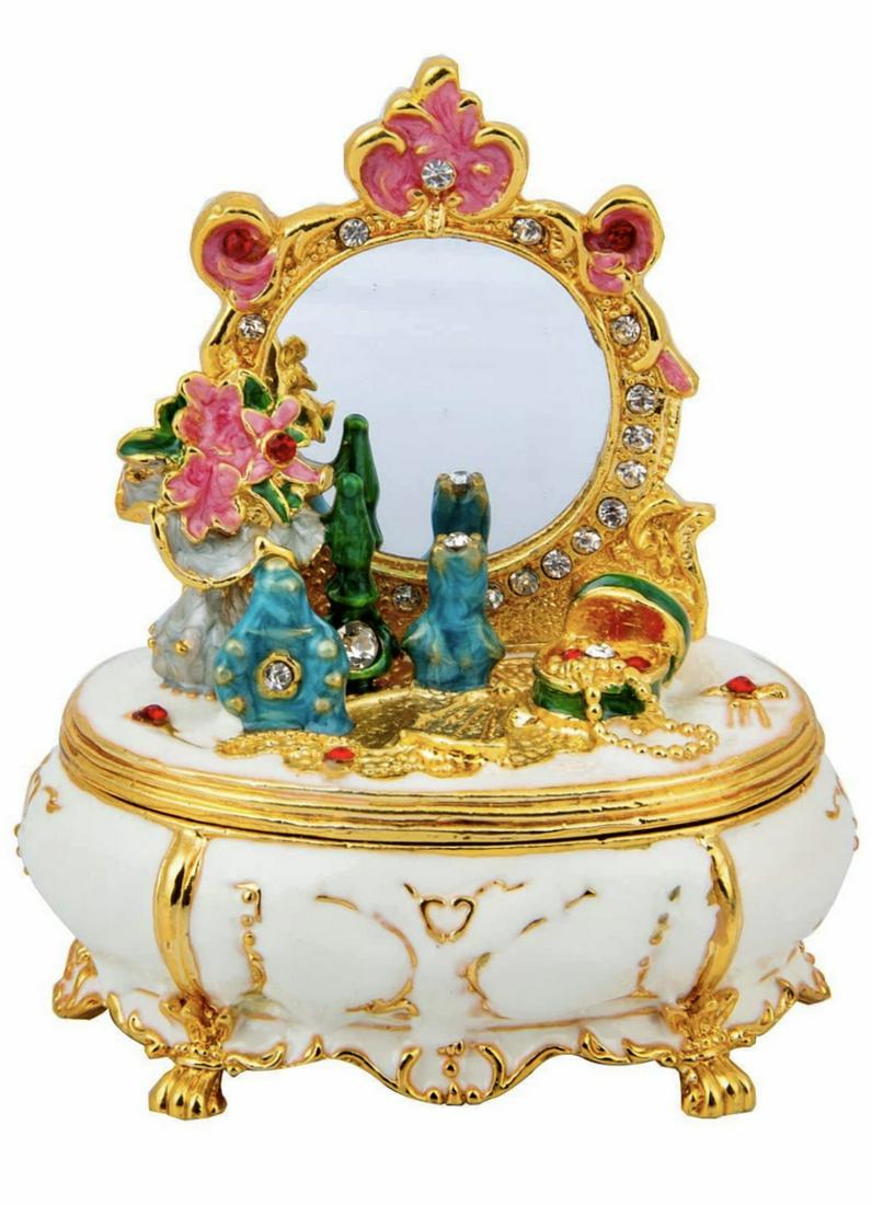 FABERGE Jeweled & Enameled VANITY Table Trinket Box: This Stunning Piece Vanity Table Trinket Box is extremely Ornate and boasts an actual Mirror making it Look Adorable on Display / It was Originally inspired by the work of Peter Karl Faberge / Made in