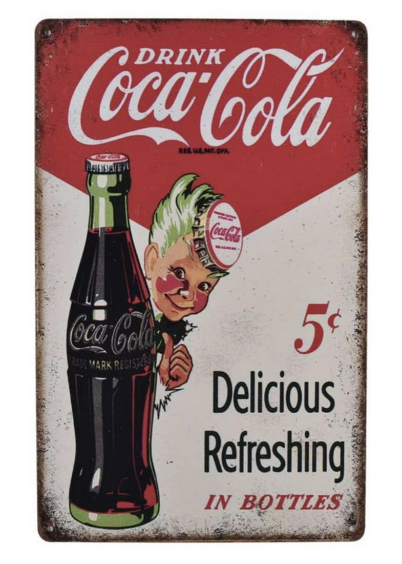 Retro Sprite Boy COCA-COLA Metal Advertising Sign: Approximately 12” x 8”