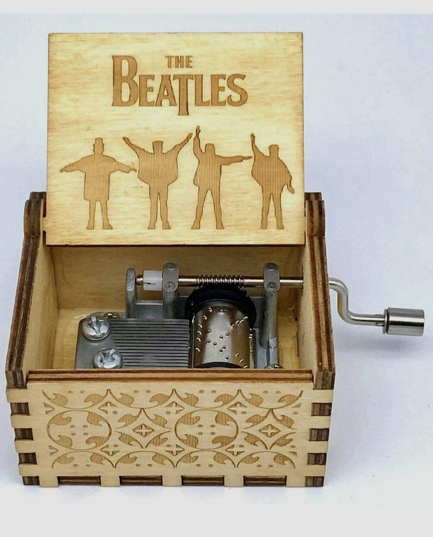 The BEATLES Working Hand Engraved Wood Crank Music Box: Like New â€“ Multiple Photos Posted â€“ Note that this is an Old Fashion Crank Music Box / This is Not a Wind up Music Box